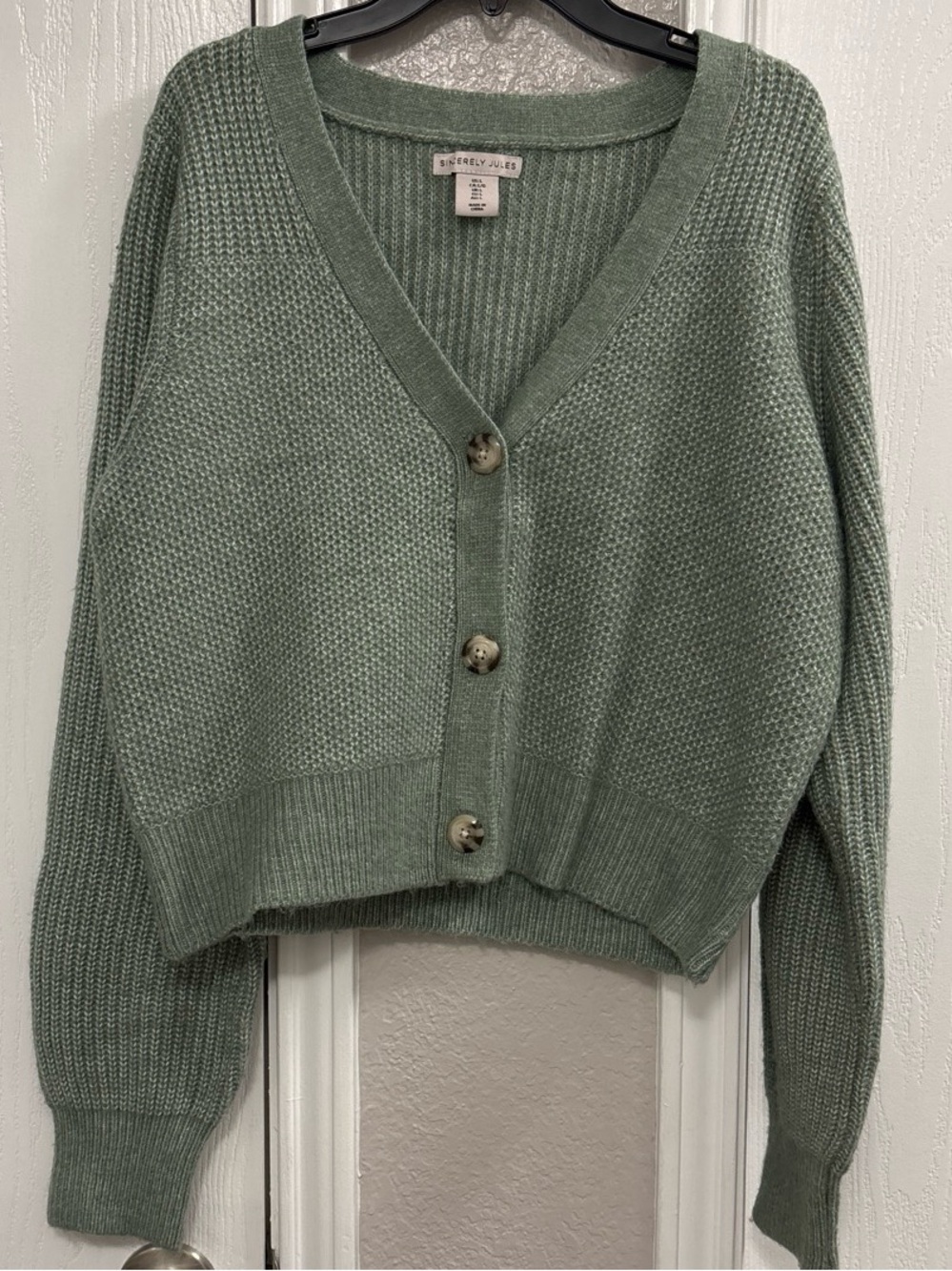Sincerely Jules Sage Green Cropped V-Neck Button Cardigan